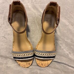 Naturalizer Brown Cork Wedge Sandals Woven Ankle Strap Womens Shoes